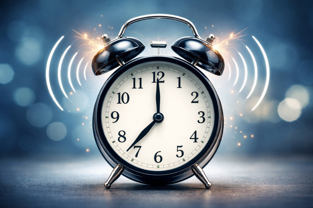 AI-powered alerts and notifications represented by a ringing alarm clock, symbolizing real-time reminders, proactive task execution, and automated operational notifications.