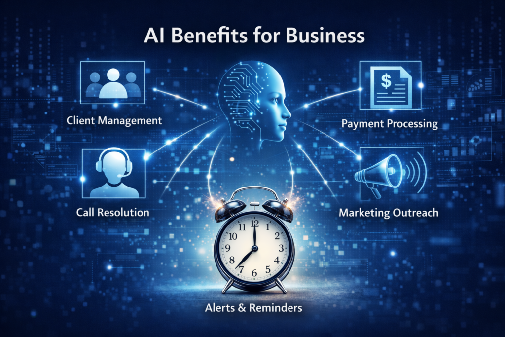 AI-driven business automation showing client management, call resolution, payment processing, marketing outreach, and alerts with a central intelligent operations system.