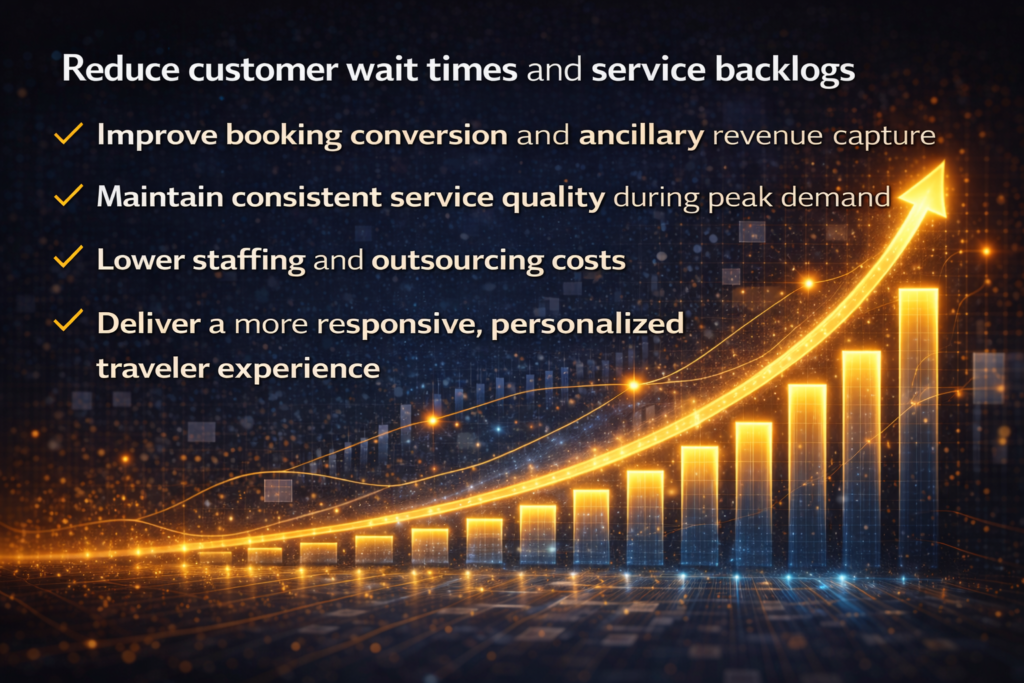AI-powered operational automation improving booking conversion, reducing wait times, lowering staffing costs, and increasing revenue through consistent service delivery.