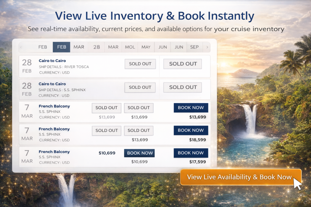 Real-time cruise inventory showing available sailings, suite categories, pricing, sold-out indicators, and instant “Book Now” options for luxury cruises.