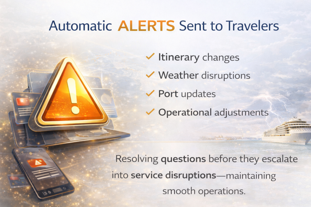 Automated alert system delivering real-time notifications for itinerary changes, weather disruptions, port updates, and operational adjustments to maintain smooth travel operations.