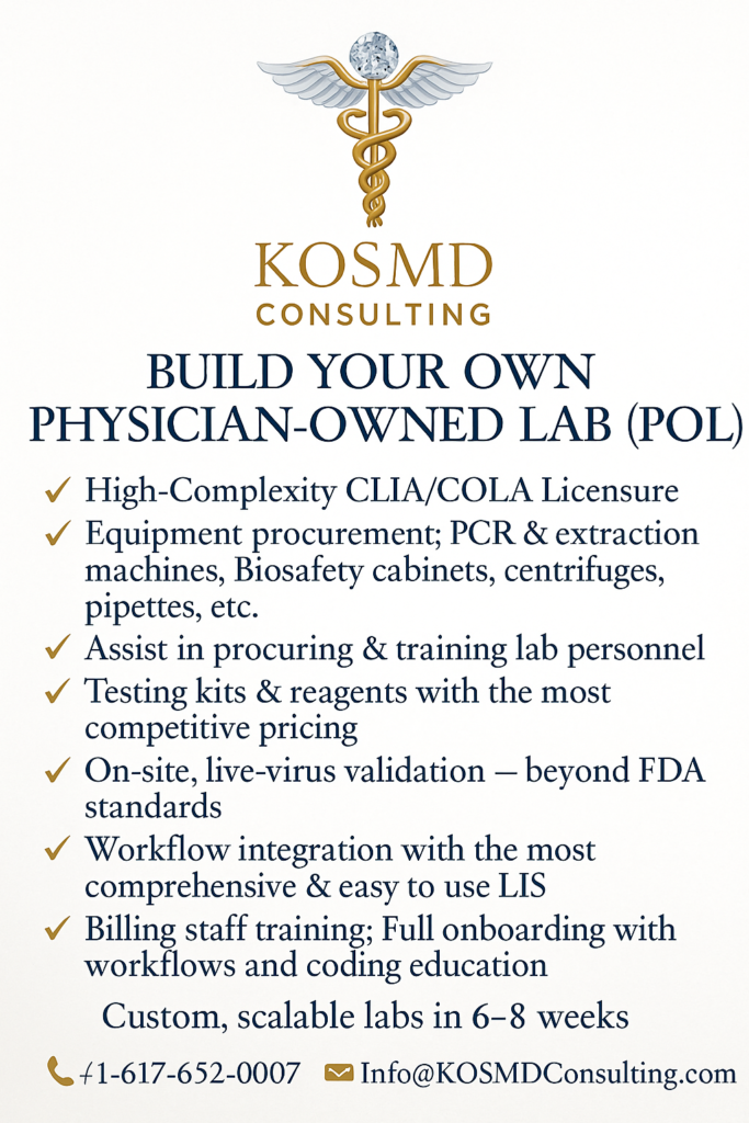 OSMD Consulting physician-led PCR lab build-out services including CLIA licensing, equipment procurement, staffing assistance, validation, and workflow integration