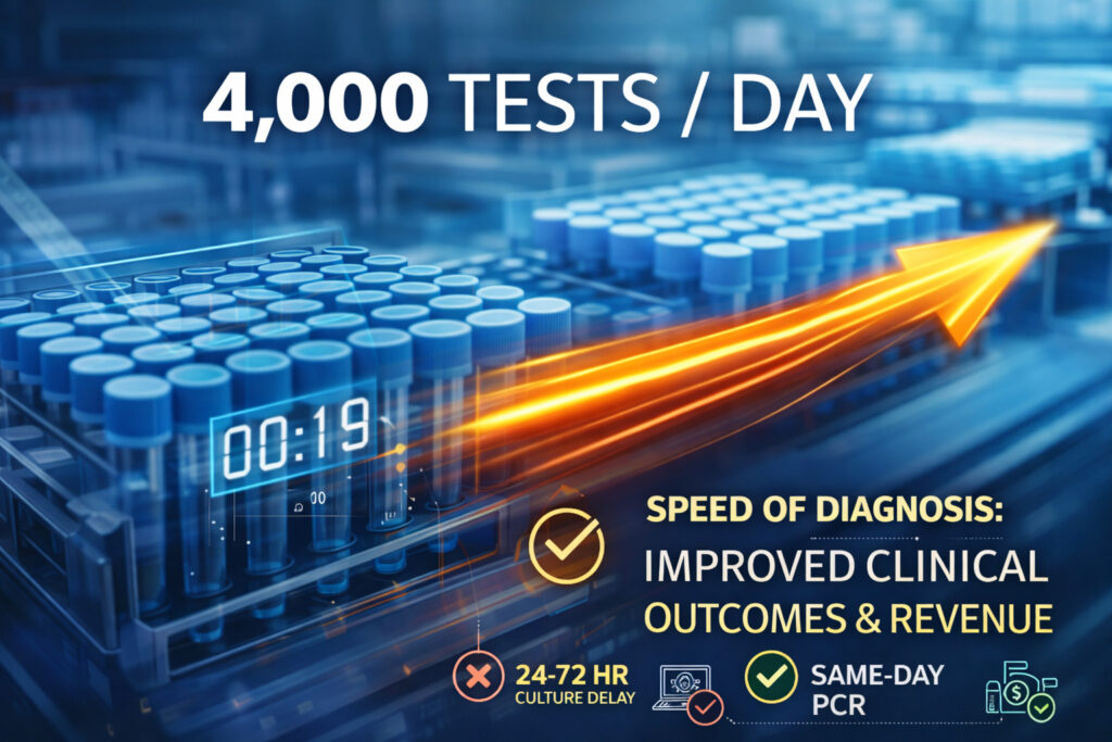 High-throughput PCR laboratory processing 4000 tests per day with rapid same-day diagnostic results and improved clinical outcomes