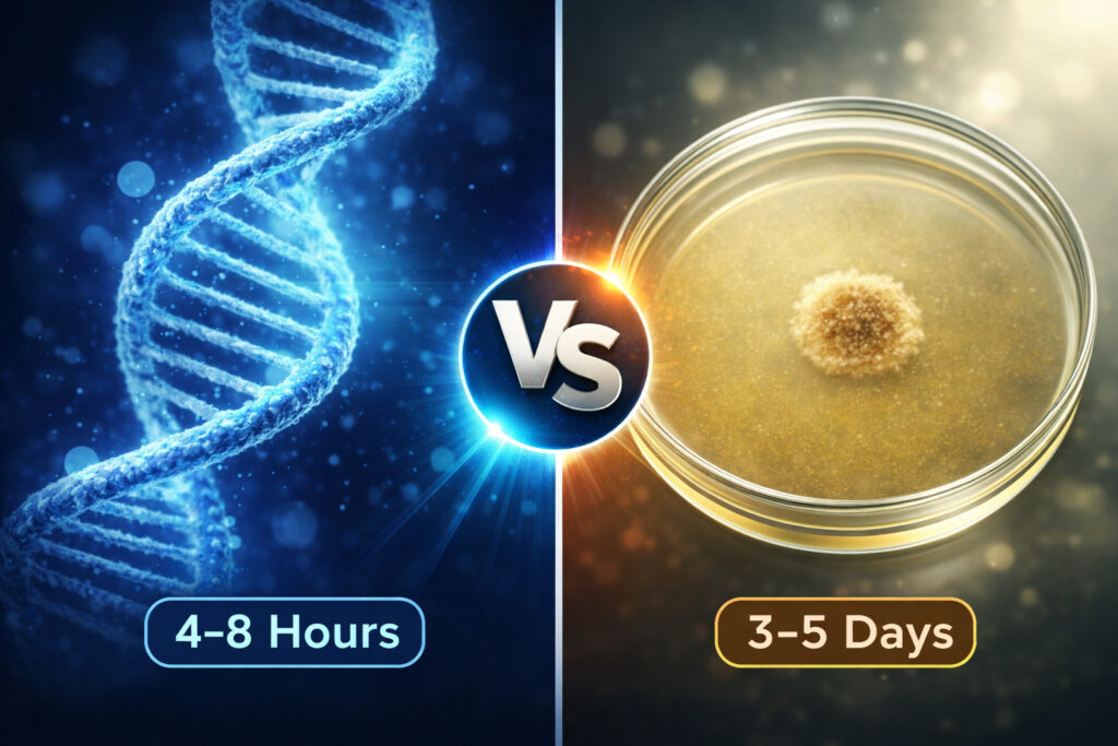 PCR molecular diagnostics vs traditional culture plate showing limited bacterial growth and slower detection