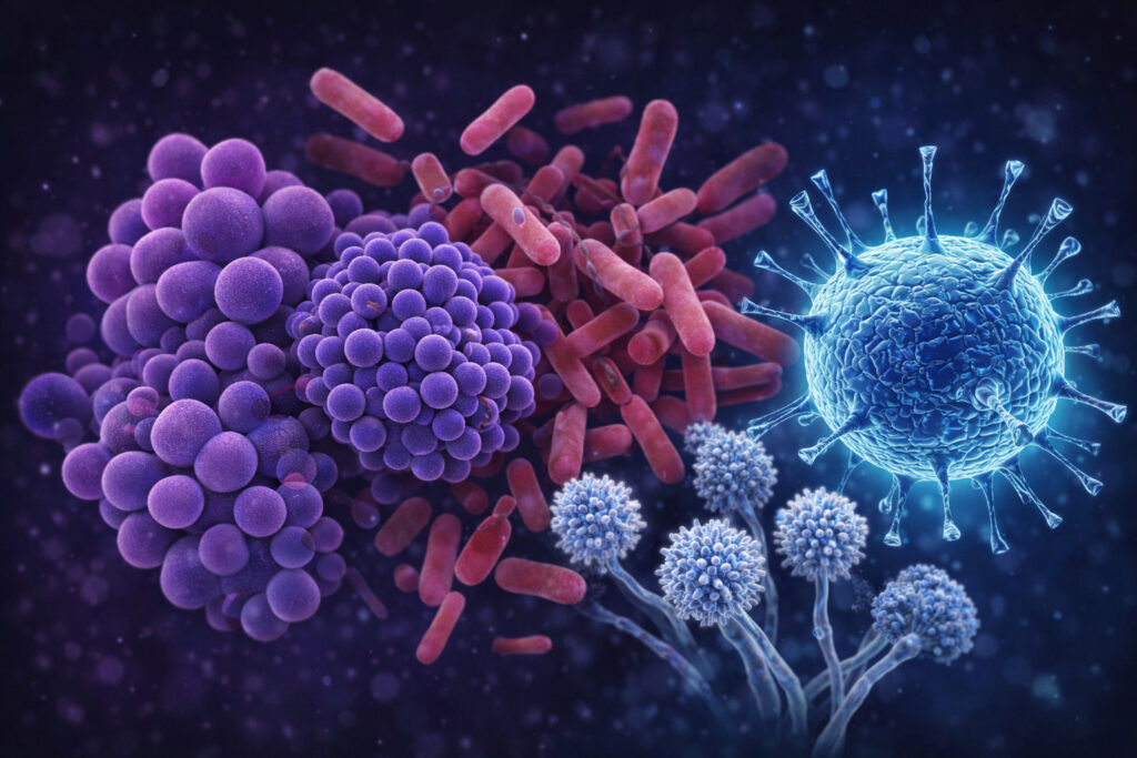 Polymicrobial infection showing bacteria, virus, and fungal pathogens illustrating comprehensive detection with PCR molecular diagnostics